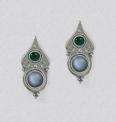 Sterling Silver Gothic Look Post Stud Earrings With Grey Moonstone And Fluorite